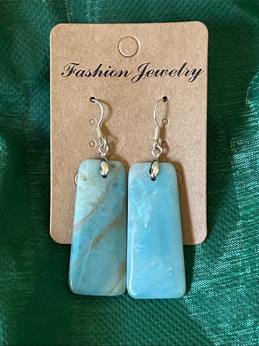 Fashion Jewelry Amozonite Blue Rectangular Stone Drop Earrings